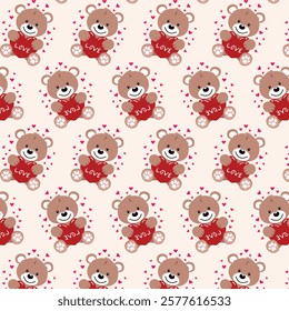 A seamless Valentine's Day pattern featuring cute teddy bears holding red hearts with the word "LOVE" written on them. The background is a soft beige, complementing the scattered pink hearts.