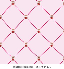 A seamless Valentine's Day pattern featuring adorable teddy bears holding red hearts with LOVE, arranged in a diamond lattice pattern.The connecting lines are made of small red heart on soft pink bg.