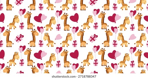 O padrão perfeito do Dia dos Namorados apresenta um casal de girafas amoroso com balões de coração cor-de-rosa e presentes. Ideal para papel de embrulho romântico, tecidos infantis, cartões e desenhos festivos