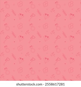 Seamless Valentine's Day pattern in flat minimalistic style. Pink romantic background with hearts, diamonds, keys, rings, and floral elements. Perfect for wrapping paper, cards, and textile design.

