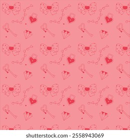 Seamless Valentine's Day pattern in flat style. Pink background with bows, hearts, keys, diamonds, and garlands. Ideal for gift wrap, textiles, greeting cards, and romantic designs.