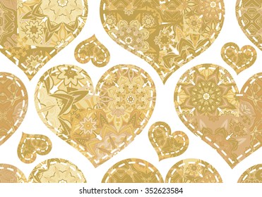 Seamless Valentine's Day pattern with gold patchwork hearts