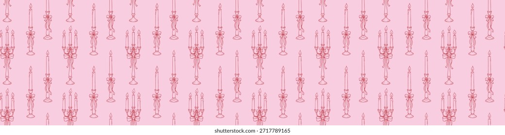Dia dos Namorados sem costura padrão com velas desenhadas à mão e candelabros decorados com arcos românticos vintage doodles em fundo rosa macio