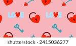 Seamless Valentines day pattern with heart shaped lock, key, arrow and love word on pink, vector