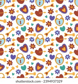 Seamless valentine's day pattern Heart key flowers Bright contrasting elements for wrapping paper background cards