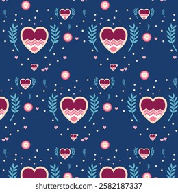 Seamless Valentine's Day Pattern with Hearts and Blue Leafy Branches