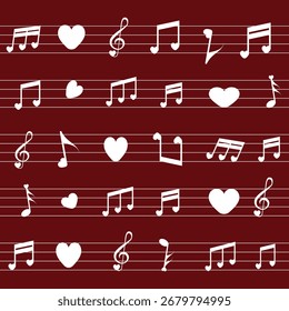 Nahtloses Valentinstag-Muster mit Herzen und musikalischen Noten Romantische Liebe Hintergrund Vektor.

