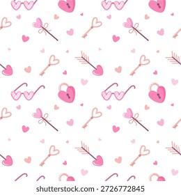 Patrón inconsútil del día de San Valentín con los corazones, la cerradura, la llave, la flecha, y los vidrios en forma de corazón. Diseño de Vector lindo y romántico perfecto para tarjetas, Anuncios, regalos y proyectos digitales.