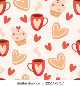 Seamless valentines day pattern with hot drink and cakes in flat style