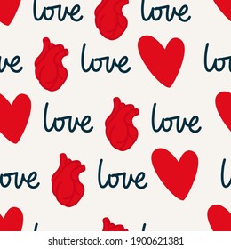 Nahtlose Valentinstag Muster. Lettering Love. Realistische Herzen. Vektorgrafik