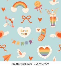 A seamless Valentine's Day pattern with LGBTQ+ symbols in a retro style. Suitable for wrappers, backgrounds, wallpapers, textiles