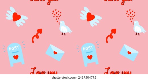 Seamless Valentines day pattern with love post, hearts and bird on pink, vector illustration