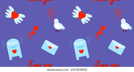 Patrón del día de San Valentín sin inconvenientes con el post de amor, corazones y pájaro en violeta, ilustración vectorial