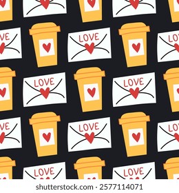 Seamless Valentine's Day pattern. Love letters and coffee cups on  black background. Playful romantic design for Valentine's Day cards, wrapping paper, wallpapers, scrapbooking. Vector illustration.