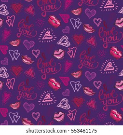 seamless Valentine's Day pattern. i LOVE YOU - hand drawn lettering. Pattern with hearts, calligraphy, lips, kiss.