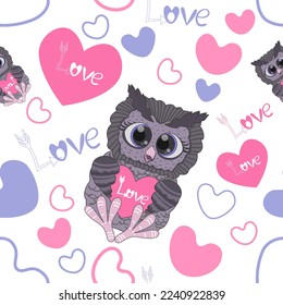 Nahtlose Valentinstag-Muster in Pastellfarben im Cartoon-Stil. Muster von Eulen, Herzen und Inschriften. Vektorgrafik.