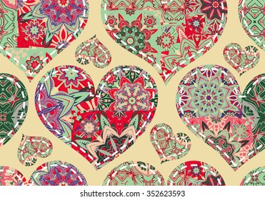 Seamless Valentine's Day pattern with pastel patchwork hearts