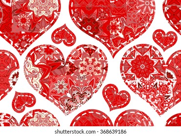 Seamless Valentine's Day pattern with pastel white red patchwork hearts on white background