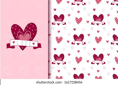 Seamless Valentine's Day pattern with pink big and small hearts with hand drawn love lettering in cartoon style. Doodle endless texture. Vector illustration.