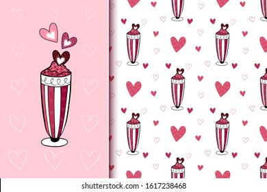 Seamless Valentine's Day pattern with pink hearts, sweet love milkshakes in cartoon style. Hand drawn doodle endless texture. Vector illustration.