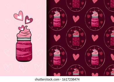 Seamless Valentine's Day pattern with pink hearts, love milkshakes in cartoon style. Hand drawn doodle endless texture. Vector illustration.
