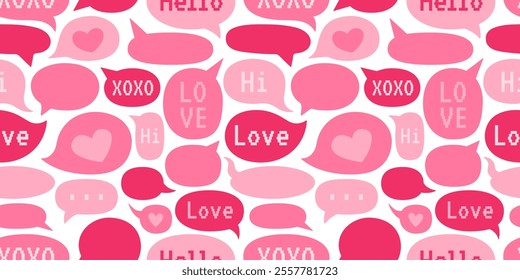 Seamless Valentine's Day pattern with pink speech bubbles featuring romantic words like "love," "hi," and "xoxo" on a white background. Pixel font. Perfect for wrapping paper, and romantic designs.