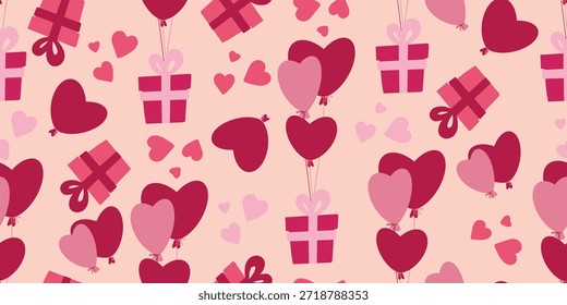 Patrón de San Valentín sin fisuras con cajas de regalo rosadas y globos en forma de corazón en tonos rojos y rosados. Perfecto para envolver papel, textiles, fondos románticos y diseños de amor festivos