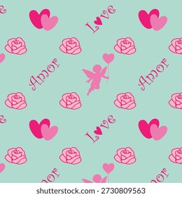 Dia dos Namorados sem emenda padrão com cupidos rosa, rosas e corações. Inclui o texto "Amor" e "Amor" em um fundo azul claro.