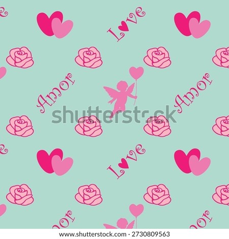 Seamless Valentine's Day pattern with pink cupids, roses, and hearts. Includes "Love" and "Amor" text on a light blue background.