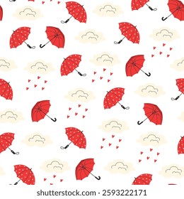 Seamless Valentine's Day Pattern with Red Umbrellas, Heart-Shaped Raindrops, and Clouds on White Background