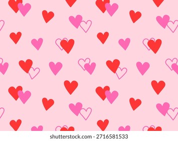 Seamless Valentine's Day pattern with red and pink hearts on soft pink background. Cute overlapping couples of hearts create romantic texture for wrapping paper, fabric, greeting cards, wedding decor, social media design.