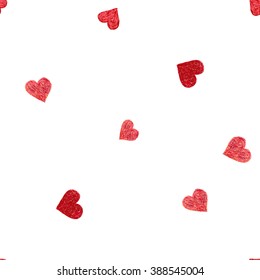 Seamless Valentine's Day Pattern. Red Hand Drawn Doodle Hearts On White Background. 