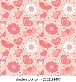 Seamless Valentine's Day pattern with retro hearts and sparkles. Summer simple minimalist heart. 70 s style love. Colorful pink background. Vector illustration.