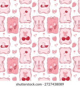 Seamless Valentine's Day pattern with romantic decor in vintage frames. Vector hand drawn doodle illustrations with hearts, flowers, cherry, angel for packaging design, textiles, wallpapers, branding