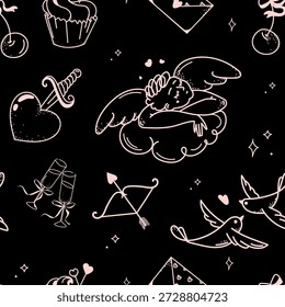 Patrón inconsútil del día de San Valentín con los vidrios románticos del champán de los iconos, arco y flecha, y pájaros para el regalo que envuelve, impresiones textiles, tarjetas de felicitación, invitaciones, fondos digitales. Ilustración vectorial