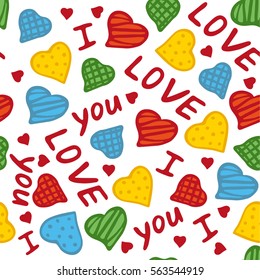 Seamless Valentine's Day pattern, romantic texture with hand drawn different hearts and lettering