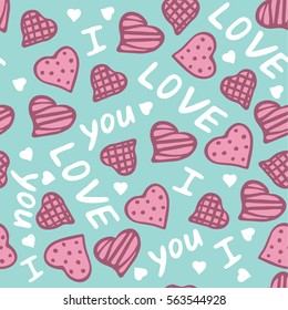 Seamless Valentine's Day pattern, romantic texture with hand drawn different hearts and lettering