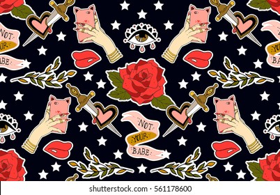 Seamless valentines day pattern. Set of stickers, pins, patches and handwritten notes collection in cartoon. Vector illustration