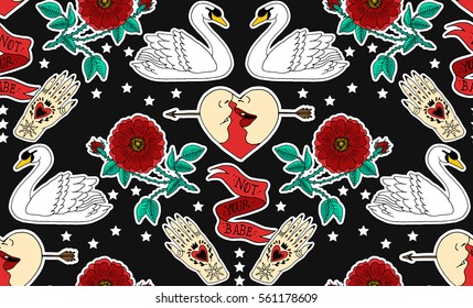 Seamless valentines day pattern  Set stickers  pins  patches   handwritten notes collection in cartoon  Vector illustration