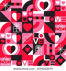 seamless Valentine's day pattern of symbols and geometric shapes in pink, red, black and white colors. flat drawing with linear elements. EPS 10