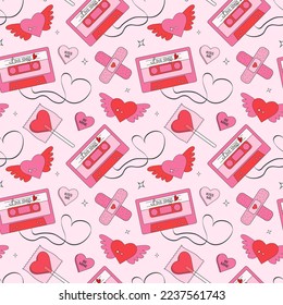 Seamless valentines day pattern in trendy retro y2k style.