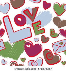 Seamless Valentines day pattern with vector hearts in purple and red colors. Creative, luxury style on a white. Print card, cloth, wrapper, cover, gift, banner, poster, greeting, invitation.