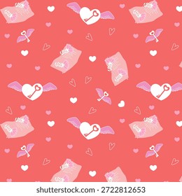 Patrón de San Valentín sin fisuras con corazones alados y llave de amor