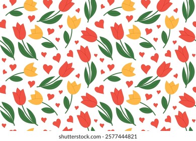 seamless Valentine's Day, spring, Woman Day pattern with hearts and tulip flowers - vector illustration