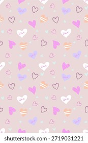 Fondo de Vector de San Valentín sin fisuras con corazones y la palabra "amor" en un fondo de color melocotón. Perfecto Para Envolver Papel, Tela, Diseños Digitales O Artesanías. Totalmente Escalable Y Tilable