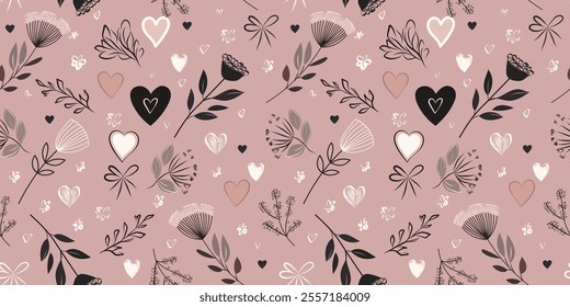 Seamless Valentine's Day vector pattern featuring romantic elements: hand-drawn hearts, flowers, branches, bows, and butterflies. Designed with pastel pink and muted tones, perfect for wrapping paper