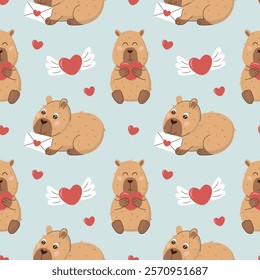 Seamless Valentine's Day vector pattern with cute capybaras, a heart and a letter on a blue background. Perfect for gift wrapping, fabric, wallpaper and digital design. Playful and quirky style.