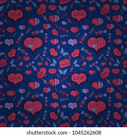 Seamless Valentine':s Day with watercolor heart outlines. Big and small hearts with swirls in blue, pink and black colors. Vector illustration.