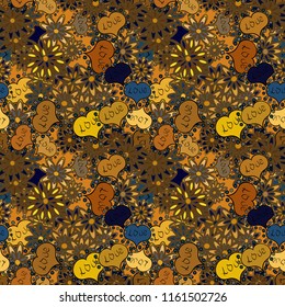 Seamless Valentine':s Day with watercolor heart outlines. Big and small hearts with swirls in brown, yellow and black colors. Vector illustration.