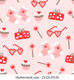 Seamless Valentines pattern with cute glasses, socks, cake, gift, lollipop